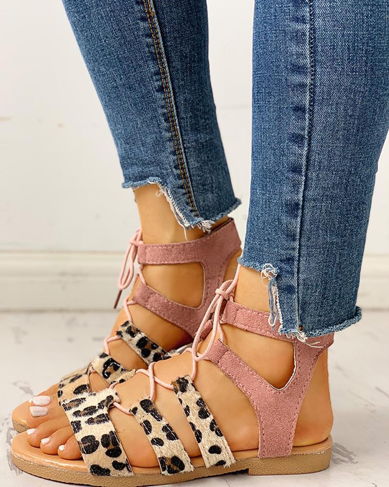 Leopard Print Lace-Up Ankle Flat Sandals