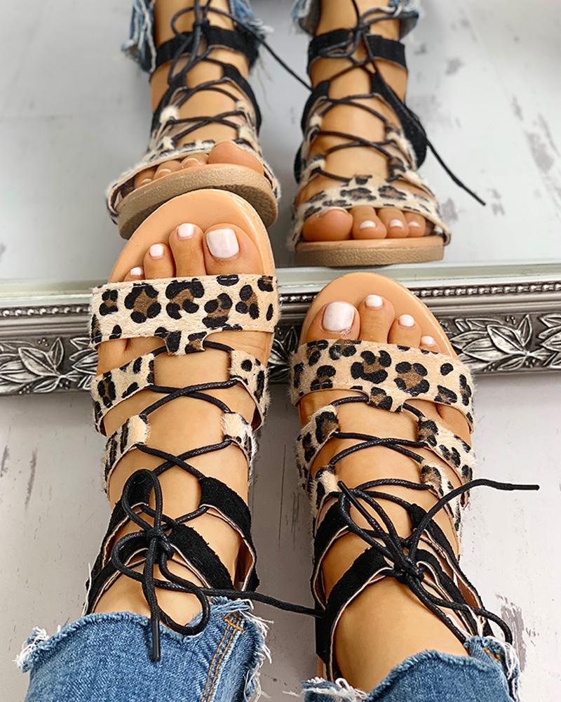 Leopard Print Lace-Up Ankle Flat Sandals