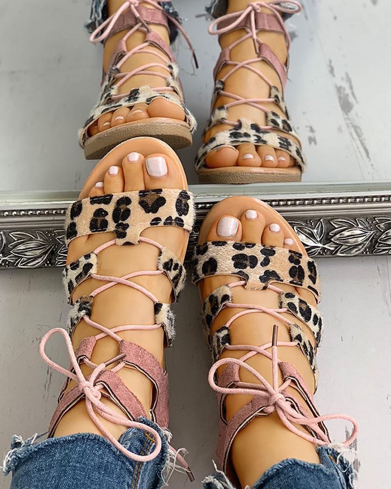 Leopard Print Lace-Up Ankle Flat Sandals